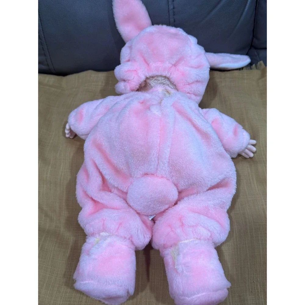 Precious Moments Porcelain Doll Pink Bunny‎ Rabbit Plush Onesie Blonde Hair Blue